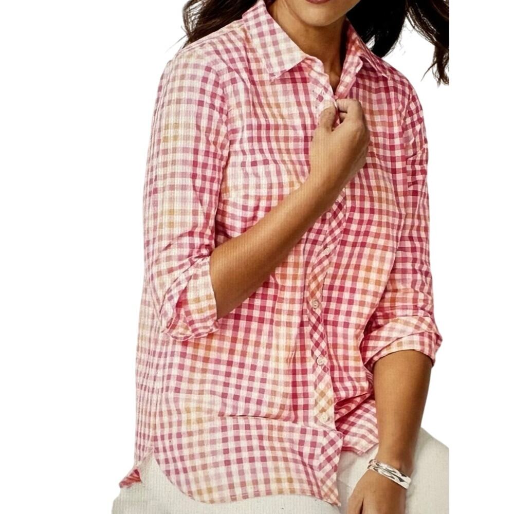 Talbots Gingham Long Sleeve Shirt Womens Large Lightweight Pink Orange White